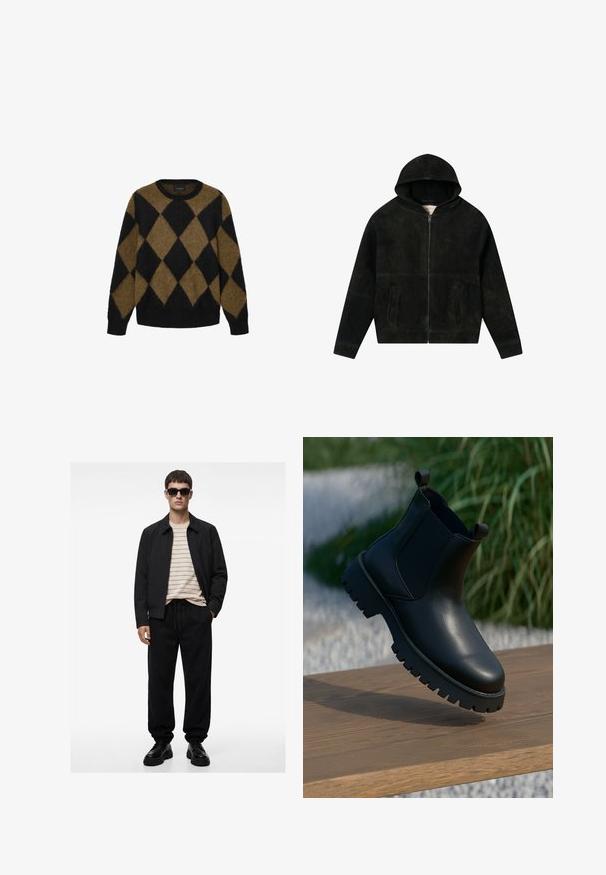 Sort suede zip-hoodie med frontlommer og blødt indre foer, vist fladt på en hvid baggrund.; Sort og brun argyle-mønster cardigan lavet af fluffy strikmateriale. Rund halsudskæring og lange ærmer; blød tekstur med en afslappet pasform.; Mand iført sorte solbriller, sort jakke, beige stribet skjorte, sorte joggingbukser og sorte chunky sko, stående med den ene hånd i lommen.; Sorte læder ankelstøvler med elastiske sidepaneler, rund tå og kraftig sål, vist på en træoverflade.