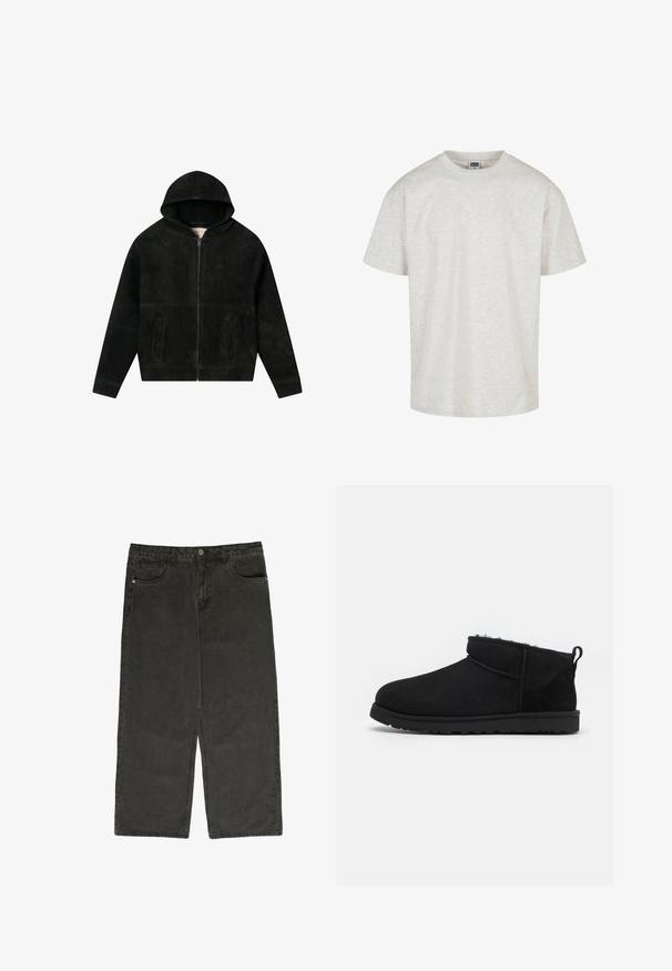Schwarze Wildleder-Zip-Hoodie mit vorderen Taschen und weichem Innenfutter, flach auf einem weißen Hintergrund ausgestellt.; Helles graues Baumwoll-T-Shirt mit kurzen Ärmeln, einem Rundhalsausschnitt und einer lässigen Passform. Texturiertes Gewebe mit einem dezenten melierten Muster.; Schwarze Denim-Hose mit weitem Bein und hoher Taille, fünf Taschen und Knopfverschluss. Weiche Textur und gerades Schnittdesign.; Schwarze Wildleder-Stiefeletten mit einem weichen, strukturierten Innenfutter, einer flachen Gummisohle und einer Zugschlaufe auf der Rückseite für ein einfaches Anziehen.