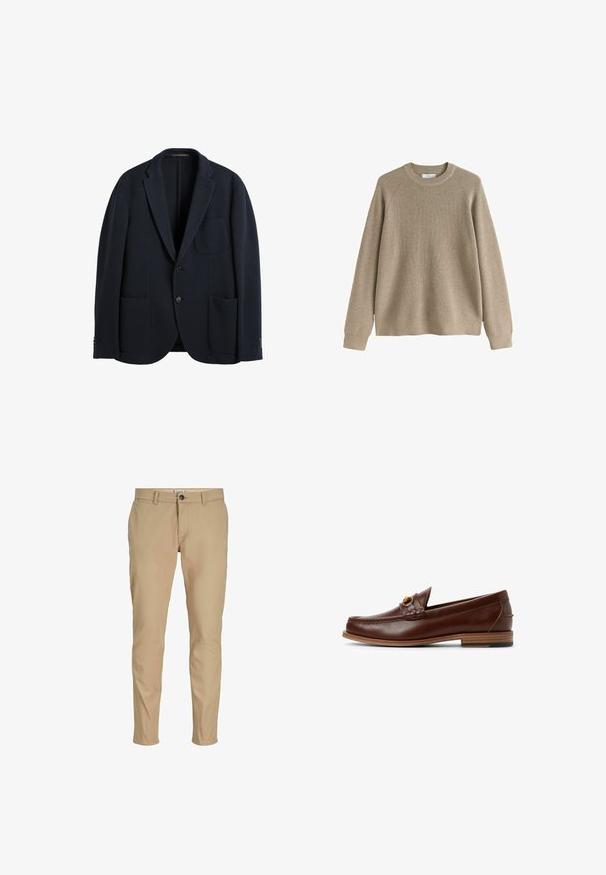 Blazer homme bleu marine foncé avec deux boutons, trois poches avant et revers crantés sur fond blanc.; Pull beige à manches longues, col rond, tricoté avec une texture côtelée et des poignets, présenté sur fond blanc.; Pantalon beige slim pour homme avec passants de ceinture, fermeture à boutons à l'avant et poches latérales sur fond blanc.; Mocassins en cuir marron avec un détail tressé et une accent en or. Talon plat en bois avec grip en caoutchouc noir. Texture lisse, design classique.