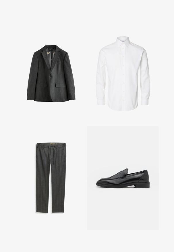 Tumehall pinstripe bleiser, ühes nupuga, aukude tekkega, klapptaskute ja mustriga sisekattega. Omab nööpidega varrukaotsi.; Valge triiksärk pikkade varrukatega, terava kraega, nähtavate ees olevate nööpidega ja nööbitavate mansettidega.; Tumehallid sirge lõikega püksid, millel on elastne vöökoht, eesmine nupp, pael ning küljetaskud, suurus 48 regulaar.; Mustad nahast loafers, millel on sile viimistlus, ümar varvas ja kitsas riba peal. Madal kühveldatud konts.