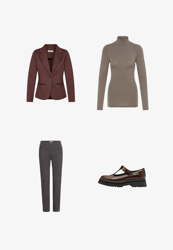 Brauner Damenblazer mit langen Ärmeln, schmalem Reverskragen, Ein-Knopf-Verschluss und zwei Fronttaschen.; Brauner, langärmliger Rollkragenpullover aus weichem Material. Besitzt ein tailliertes Design mit hohem Kragen und glatter Textur. Keine sichtbaren Muster oder Akzente.; Dunkelgraue Denim-Hosen mit geradem Bein, frontalen Taschen und einem Knopfverschluss. Das Material hat eine glatte Textur und minimale Hardware-Details.; Braune Lackleder-Mary-Jane-Schuhe mit einem T-Riemen und goldener Schnalle. Plüschige schwarze, strukturierte Sohle für zusätzlichen Halt.