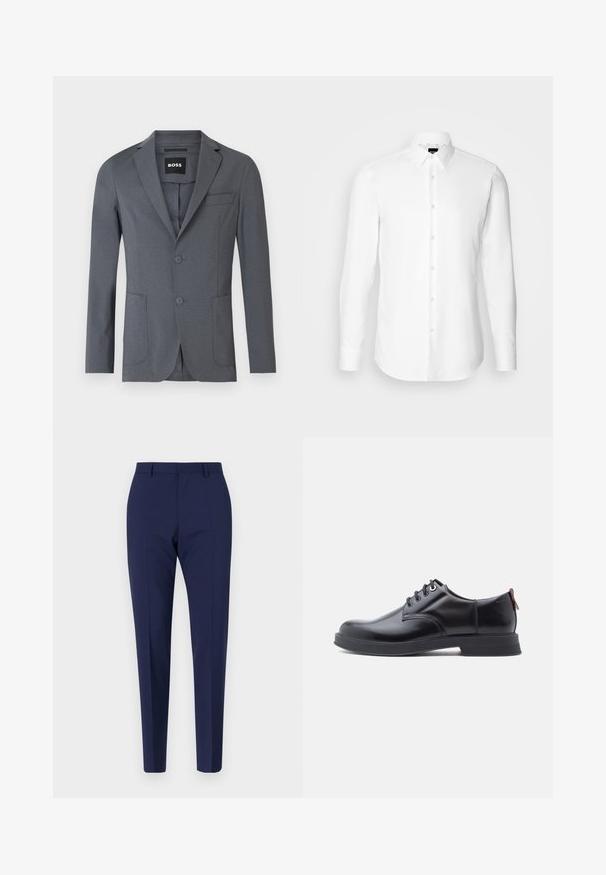 Blazer gris de tejido suave, con solapa de muesca, dos bolsillos frontales, un bolsillo en el pecho y dos botones. Diseño simple y limpio.; Camisa blanca de manga larga, con cierre de botones en el frente, cuello clásico, confeccionada con una tela suave con una textura sutil, diseñada para un ajuste entallado.; Pantalones azul marino a medida con un ajuste slim, que presentan una textura suave, frente plano y piernas con plisados. Sin bolsillos visibles ni adornos.; Zapatos de piel negra con cordones, textura lisa, puntera redondeada y detalles sutiles de costura. Cuentan con una lengüeta roja en el talón.