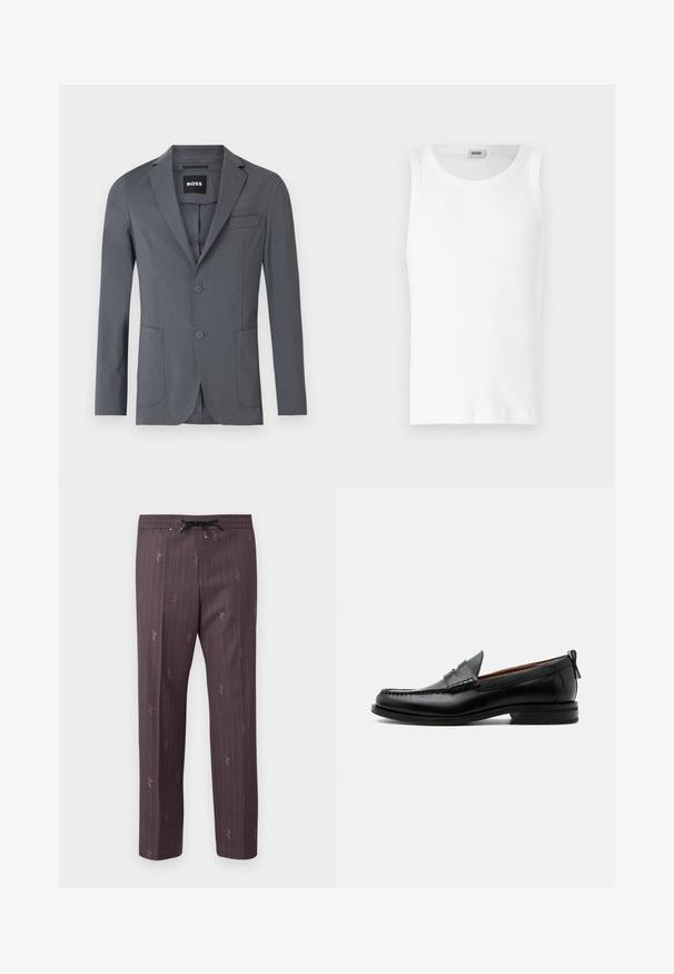 Grau blazer aus glattem Stoff, mit gekerbtem Revers, zwei vorderen Taschen, einer Brusttasche und zwei Knöpfen. Einfaches, sauberes Design.; Weißes Baumwoll-Tanktop ohne Ärmel mit Rundhalsausschnitt und glatter Textur. Einfaches Design, ohne Muster oder Akzente.; Hose mit elastischem Bund in Dunkelpurpur mit vertikalen Streifen und dezenten Druckdetails. Leichtes Material mit entspannter Passform.; Schwarzer Leder-Herrenschuh mit Mokassinnaht, Penny-Riemen, strukturiertem Kragen und niedrigem gestapeltem Absatz auf weißem Hintergrund.