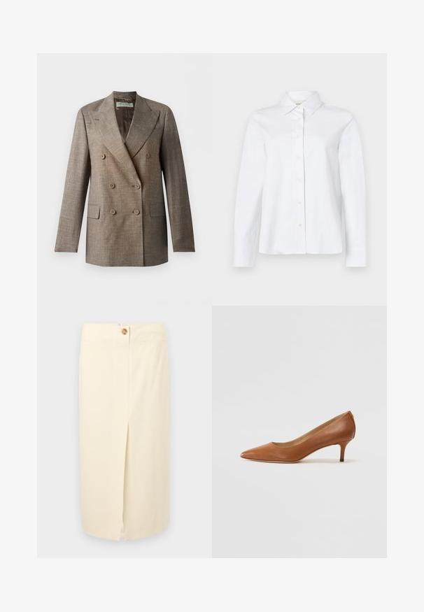 Brun dobbeltradet blazer med hakkede revers, seks knapper, klaplommer og et tekstureret linnedlignende stof, vist på hvid baggrund.; CLOSED CLASSIC SHIRT WITH STRAP DETAIL - Skjortebluser - white; Cremefarvet midi-nederdel med en frontslids, lynlås lukning og en enkelt knapdetalje. Lavet af glat stof med minimale sømdetaljer.; Lauren Ralph Lauren ADRIENNE - Pumps - deep saddle tan