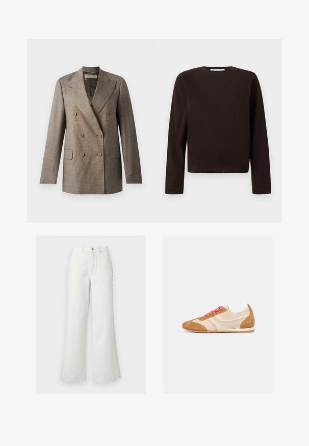 Veston marron croisé avec revers à encoche, six boutons, poches à rabat et tissu texturé style lin, présenté sur fond blanc.; Sweat-shirt à manches longues, col rond, de couleur brun foncé avec un ourlet droit, présenté sur un fond blanc uni.; Jeans blancs taille haute à jambes larges avec poches avant, passants pour ceinture, fermeture par bouton, et détail décoratif de laçage sur les côtés des deux jambes.; Baskets décontractées marron clair et beige avec des lacets roses, des accents en daim et une semelle en caoutchouc plate, présentées de profil sur fond blanc.