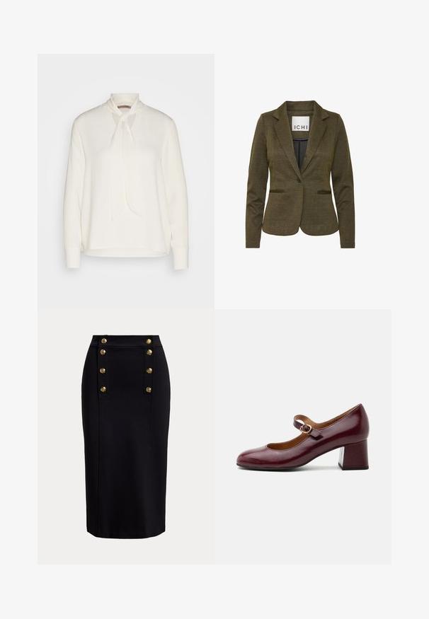 Blazer vert olive à motif chevrons avec une coupe ajustée, revers crantés et deux poches avant. Étiquette indiquant "ICHI".; Blouse blanche à manches longues avec un design à col noué, présentant une texture lisse et une coupe décontractée. Simple et élégante, sans motifs supplémentaires.; Jupe crayon noire taille haute avec des boutons dorés verticaux disposés en deux rangées près de la ceinture avant.; Chaussure Mary Jane en cuir verni bordeaux avec un bout rond, une bride ajustable et un talon bloc moyen et épais.