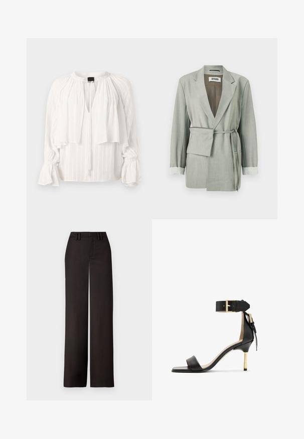 Lys grå blazer med en afslappet pasform, der har en bæltestrop i taljen, sjalskrave og stripede manchetter. Glat stof med skræddersyede kanter.; Hvid bluse med plisseret design, V-udskæring og lagdelt front. Har lange, puffede ærmer med sammensnørede manchetter og en frynset snøredetalje.; Sorte vidde bukser med flad front, bæltesløjfer og en glat tekstur, designet til en skræddersyet pasform. Ingen synlig hardware eller mønstre.; Sort læder hæl sandal med firkantet tå, ankelrem med en guldbuckle og en slank metallisk hæl. Glat tekstur, minimalistisk design.