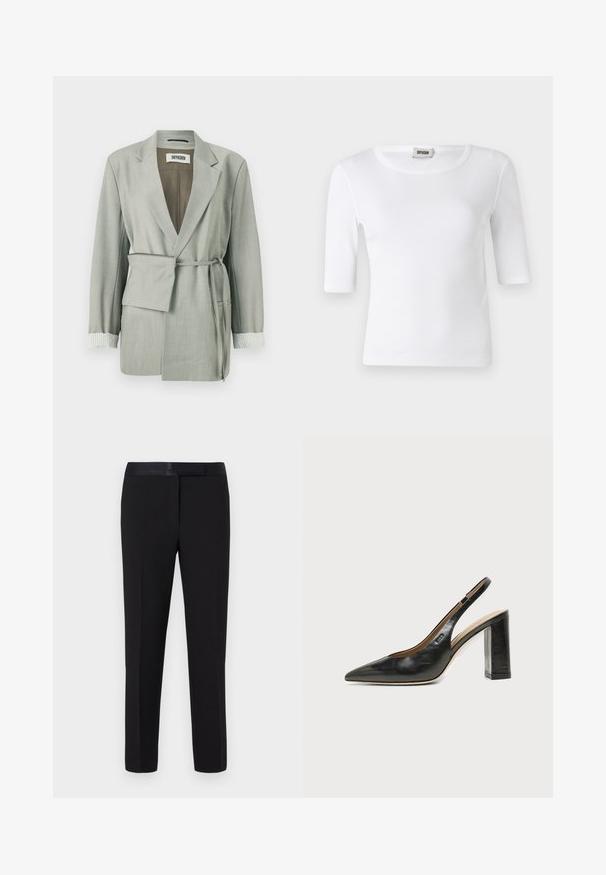 Blazer gris clair à coupe décontractée, avec une taille ceinturée, un col châle et des accents de poignets rayés. Tissu lisse avec des bords-tailleur.; T-shirt blanc à côtes avec un col rond et des manches mi-longues. Fabriqué en matériau doux avec une texture lisse. Étiquette visible au niveau du col.; Pantalon noir avec une texture lisse, coupe droite et ceinture en satin. Présente des détails minimalistes et aucun motif ou accent visible.; Chaussure slingback en cuir noir à bout pointu avec un talon bloc haut et une doublure intérieure beige sur un fond clair uni.