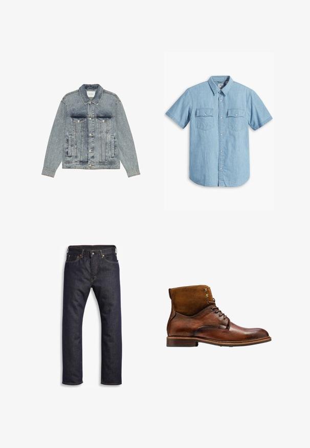 Hellblaue Jeansjacke mit klassischem Schnitt, silbernen Knopfverschlüssen, Brusttaschen, Seitentaschen und sichtbaren Nahtdetails.; Himmelblaues kurzärmliges Hemd mit Knopfleiste aus Denim, ausgestattet mit zwei Brusttaschen mit vertikaler Naht und klassischem Kragen.; Dunkelblaue Jeans aus Denim mit geradem Schnitt, Fünf-Taschen-Design, metallischen Komponenten und kontrastierenden orangen Nähten. Glatte Textur, keine sichtbaren Muster.; Kazar ALID - Schnürstiefelette - brown