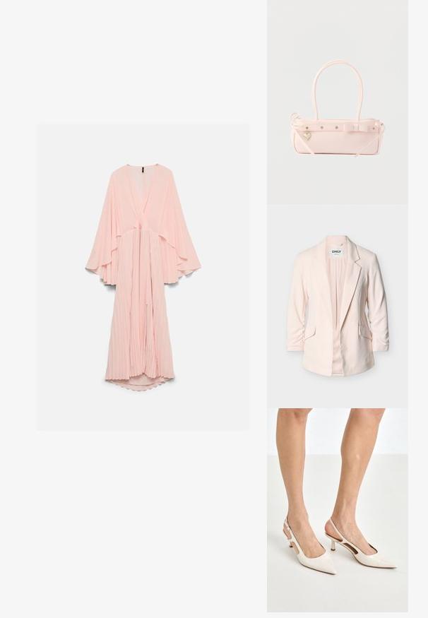 Veste blazer rose clair ajustée avec revers crantés, deux poches avant à rabat et manches trois-quarts, affichée sur fond blanc.; Robe longue plissée rose clair avec un profond décolleté en V et de larges manches longues fluides, suspendue sur un fond uni.; Escarpins à talon slingback en cuir verni beige avec un bout pointu et un talon de 5 cm, présentant des côtés découpés et une fine bride à la cheville.; Sac à main rectangulaire rose pâle avec double poignée, nœud décoratif, œillets métalliques et petit charm en forme de cœur sur un fond uni.
