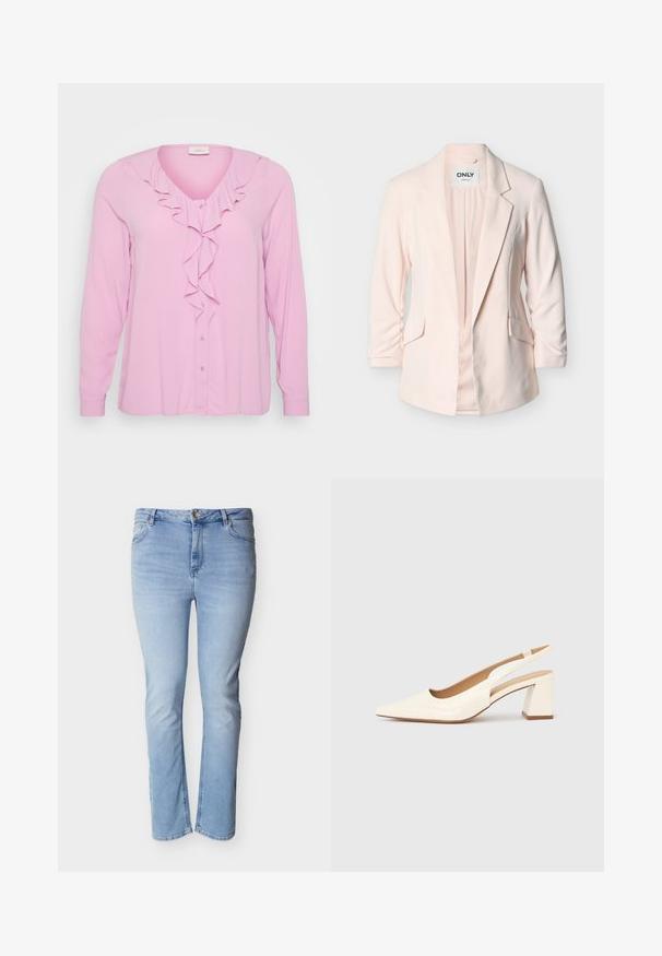 Hellrosa maßgeschneiderter Blazer mit Kerbkragen, zwei vorderen Pattentaschen und dreiviertellangen Ärmeln, auf weißem Hintergrund präsentiert.; Rosa Langarmbluse mit V-Ausschnitt, ausgestattet mit einem Frontfransen-Detail und Knopfverschluss. Hergestellt aus einem weichen, leichten Stoff.; Hellblaue Jeans aus Denim mit geradem Schnitt, Fünf-Taschen-Design, Reißverschluss und Knopfverschluss.; Slingback-Pumps aus glänzendem cremefarbenem Lackleder, mit spitzer Schuhspitze und klobigem, quadratischem Absatz für Stabilität. Minimalistisches Design, ohne Verzierungen.