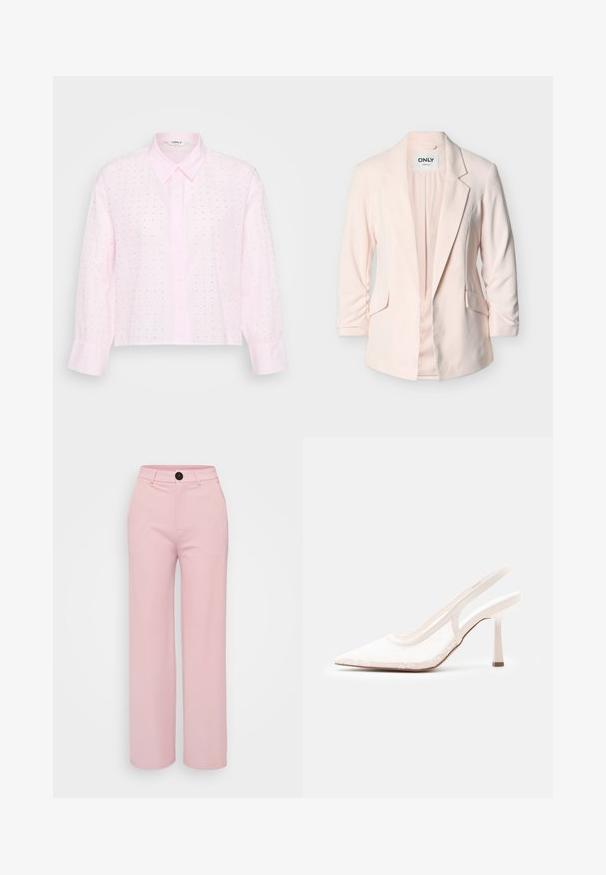 Blazer rosa claro a medida con solapas con muesca, dos bolsillos frontales con solapa y mangas tres cuartos, exhibido sobre fondo blanco.; Camisa ajustada de tono rosa claro con cuello estructurado, mangas largas y un corte corto. Presenta pequeños lunares negros y textura acanalada.; Pantalones de pierna ancha en rosa claro con una textura suave, con un botón negro y un diseño clásico de cinturilla. No hay bolsillos adicionales visibles.; Zapato de tacón alto blanco con puntera puntiaguda, tira trasera y parte superior de encaje de malla, sobre un fondo liso de color gris claro.