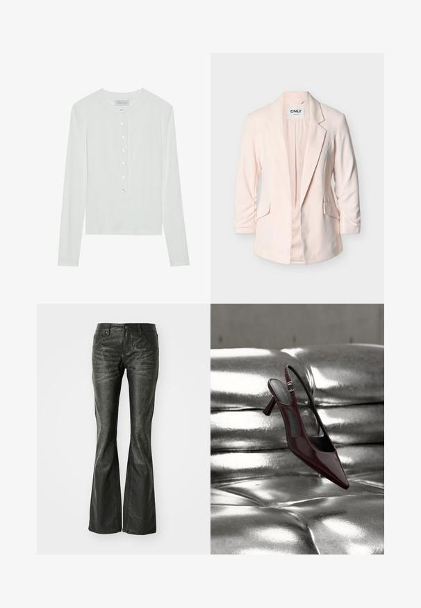 Lys pink skræddersyet blazer med hakkrave, to forlommer med klap og trekvart ærmer, vist på hvid baggrund.; Hvid langærmet top lavet af ribbet stof, med en rund halsudskæring og en knaplukning foran med seks klare knapper.; Sorte faux læder flared jeans med forlommer, en metalknaplukning og en let tekstureret overflade. Ret ben med en lang skæring.; Blank mørkerød slingback højhælet sko med spids tå, vist på en skinnende sølvfarvet polstret læderoverflade.