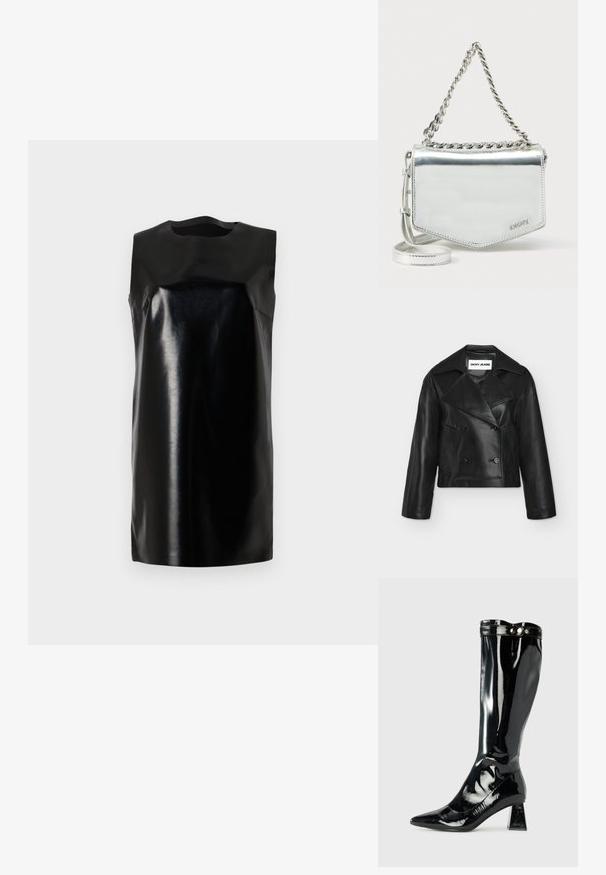 Sort cropped dobbeltradet læderjakke med brede revers og to forlommer, med mærket DKNY Jeans inde i kraven.; Sort ærmeløs kjole lavet af blankt materiale, med rund halsudskæring, rene linjer og en lige silhuet. Glat tekstur, ingen synlige hardware.; Sorte patentlæder knæhøje støvler med spids tå, geometrisk blokhæl og blank finish, der har en dekorativ knapdetalje øverst.; Sølvfarvet metallic crossbody taske med kædestrop, geometrisk form, glat tekstur og logodetalje. Har lynlåslukning og dekorativ syning.