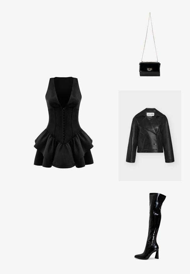 Zwarte cropped double-breasted leren jas met brede revers en twee voorzakken, met DKNY Jeans label aan de binnenkant van de kraag.; OW Collection AUGUSTA - Jerseyjurk - black; Zwarte laarzen van lakleer die tot over de knie reiken, met een puntige neus, een blokhak en een glad, glanzend oppervlak. Zonder zichtbare hardware.; Zwarte gepatineerde leren handtas met een gouden schouderband, rechthoekige vorm, voorzien van een flapsluiting aan de voorkant en een metallic logo accent.