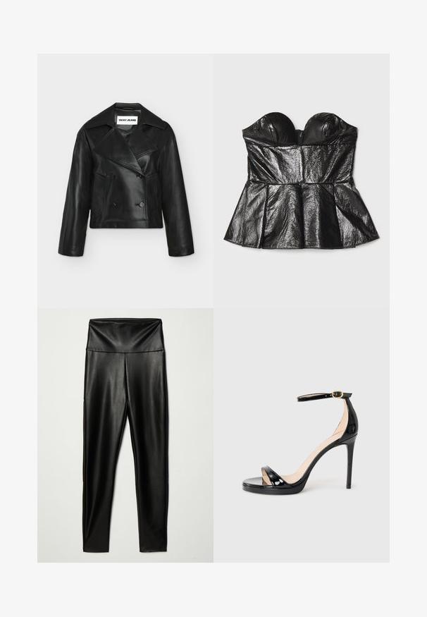 Čierna krátka kožená dvojradová bunda so širokými goliermi a dvoma prednými vreckami, označená DKNY Jeans vo vnútri goliera.; Sara Battaglia SWEETHEART - Top - black; Čierne legíny z ekologickej kože s vysokým pásom, majúce hladkú textúru a priliehavý strih, siahajúce po členky.; Čierne lakované kožené sandále na vysokom podpätku s remienkom okolo členku a zlatou sponou, otvorenou špičkou a štíhlým ihlovým podpätkom na jednofarebnom pozadí.