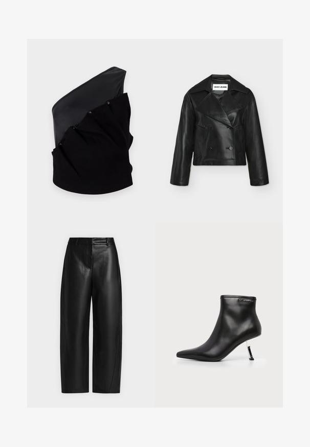 Veste en cuir courte noire à double boutonnage avec larges revers et deux poches avant, étiquetée DKNY Jeans à l'intérieur du col.; Haut asymétrique noir avec un panneau en cuir lisse et un tissu tricoté texturé, doté de détails froncés et de boutons-pression.; Pantalon noir en similicuir taille haute avec jambes larges, passants de ceinture et fermeture avant dissimulée sur un fond uni clair.; Bottine en cuir noir avec un bout pointu et un talon aiguille argenté brillant sur fond blanc.
