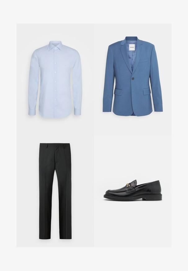 sandro FORMAL - Pikkutakki - bleu; Vaaleansininen pitkähihainen paita, joka on valmistettu sileästä puuvillasta. Paidan ominaisuuksiin kuuluu klassinen kaulus, nappikiinnitys ja hillitty brändäys rinnassa.; Musta, räätälöidyt housut, joissa on vyölenkit ja edessä taitos, esitetty vaaleanharmaata taustaa vasten.; Musta nahkainen loafers-tyylinen kengät, joissa on pyöreä kärki, kultaiset yksityiskohdat ja ompelutiedot, asetettu matalalle, teksturoidulle kumipohjalle.