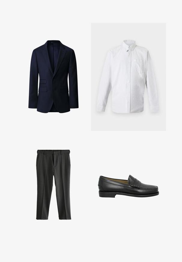 Americana azul marino oscura para hombre con dos botones, solapas con muesca y bolsillos con solapa sobre fondo blanco.; Camisa blanca de manga larga con botones, cuello abotonado y bolsillo en el pecho, mostrada extendida sobre un fondo claro.; Pantalones grises a medida con frente plano, dos bolsillos laterales y cierre de botón. Tela suave con una textura sutil y pliegues planchados.; Mocasines de cuero negro con punta redondeada, costuras decorativas y una suela baja y plana. Textura suave, diseño minimalista sin adornos.
