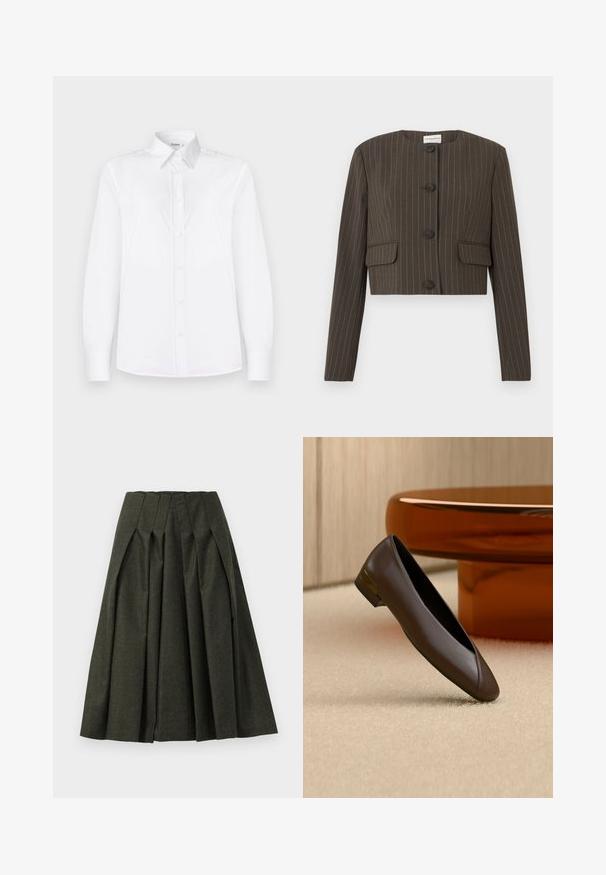 Brun cropped blazer med tynde hvide nålestriber, rund halsudskæring, fire knapper foran og to klaplommer.; Hvid langærmet skjorte lavet af glat stof, med krave og en knaplukning foran med lyserøde knapper.; Mørkegrøn, plisseret nederdel lavet af tekstureret stof. Har høj talje og svajet silhuet, med dybe folder for ekstra volumen.; Mørkebrun læder flad sko med lav hæl og gulddetalje, placeret på beige tæppe nær et rundt bord i ravfarve.
