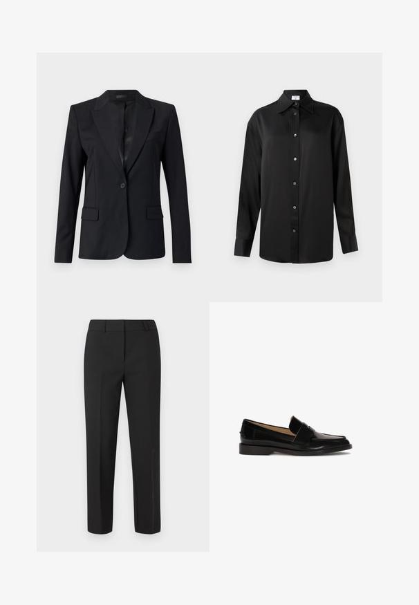 Sort blazer med en afdæmpet krave, enkelt knaplukning, to frontlommer og et slankt, skræddersyet design. Glat tekstur med et minimalistisk udseende.; Sort langærmet skjorte lavet af glat stof. Har en spids krave, fuld knaplukning og knapmanchetter.; Sorte skræddersyede bukser med lige ben, flad front og uden synlige pyntedetaljer. Fremstillet af et glat stof med en skarp finish.; Sorte læder loafers med glat finish, afrundet tå og en dekorativ rem over fronten. Lav blokhælsdesign.