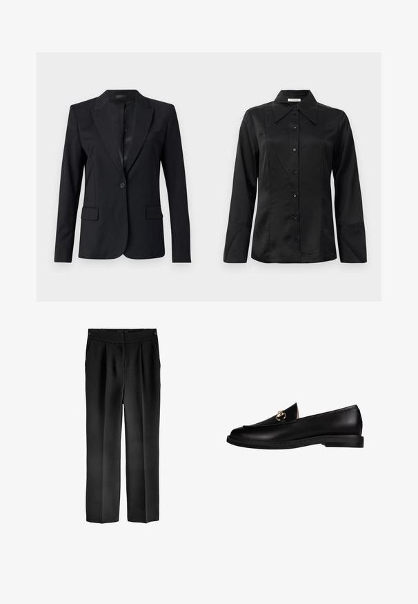 Sort blazer med en afdæmpet krave, enkelt knaplukning, to frontlommer og et slankt, skræddersyet design. Glat tekstur med et minimalistisk udseende.; Sort satinbluse med spidse kraver, lange ærmer, lukning med knapper foran og tætsiddende design. Glat tekstur med syninger.; Sorte skræddersyede bukser med høj talje, to forlommer og lige ben. Fremstillet af glat stof med en mat overflade.; Sorte læder loafers med en glat overflade, med en guldfarvet hardware detalje på vampen og en lav, flad sål.