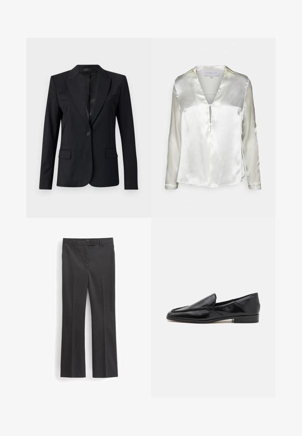 Blazer negro con cuello con muesca, cierre de un botón, dos bolsillos frontales y un diseño elegante y ajustado. Textura suave con un aspecto minimalista.; STUDIO ID ALYSSA - Blusa - champagne; Next TAILORED - Pantalones chinos - grey; Mocasines de cuero negro con un acabado suave, que presentan un diseño cosido a lo largo del borde frontal y un tacón bajo y cuadrado.