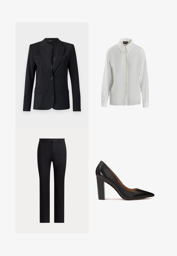 Blazer negro con cuello con muesca, cierre de un botón, dos bolsillos frontales y un diseño elegante y ajustado. Textura suave con un aspecto minimalista.; Luisa Spagnoli LIMONAIA - Blusa - panna; Pantalones negros de pierna recta con trabillas y un corte ajustado, mostrados sobre un fondo claro y liso.; Zapato de tacón alto de cuero negro con punta afilada, acabado texturizado y tacón grueso. Diseño sencillo con un forro interior suave.