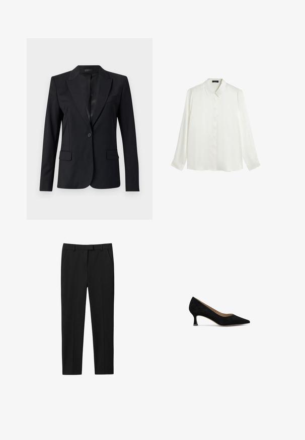 Blazer negro con cuello con muesca, cierre de un botón, dos bolsillos frontales y un diseño elegante y ajustado. Textura suave con un aspecto minimalista.; Blusa blanca de manga larga hecha de una tela suave, con cuello clásico, cierre frontal de botones y puños abotonados. Diseño simple y minimalista.; Pantalones negros con un diseño ajustado, con frente plano, dos bolsillos laterales y corte recto. Fabricados en un tejido suave con un brillo sutil.; Zapato de tacón de ante negro con puntera afilada, tacón cuadrado bajo y forro interior suave. Diseño simple sin patrones ni acentos visibles.
