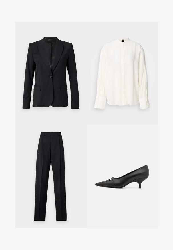 Zwarte blazer met een notch-kraag, enkele knoopsluiting, twee voorzakken en een slank, op maat gemaakt ontwerp. Glad textuur met een minimalistische uitstraling.; Lange mouwen, crèmekleurige blouse gemaakt van gladde stof; mandarina-kraag, voorste beleg, geruite manchetten en een losse pasvorm.; Zwarte broek gemaakt van gladde stof met een hoge taille, wijde benen, voorplooien en klassieke ceintuurlussen. Geen zijzakken zichtbaar.; GIABORGHINI DANA - Klassieke pumps - black