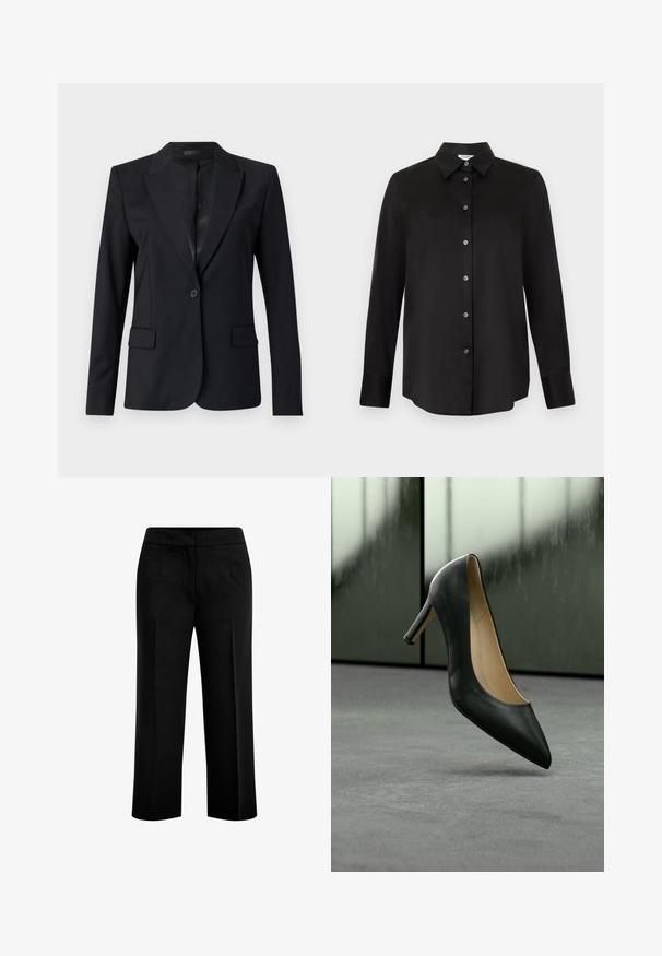 Blazer negro con cuello con muesca, cierre de un botón, dos bolsillos frontales y un diseño elegante y ajustado. Textura suave con un aspecto minimalista.; Camisa negra de manga larga con botones, cuello puntiagudo y siete botones, mostrada sobre un fondo gris claro.; Pantalones anchos y negros fabricados en un tejido suave, con dos bolsillos delanteros y una cinturilla plana. Diseño ajustado con una silueta limpia.; Zapato de tacón alto de cuero negro con punta afilada que levita sobre un suelo alfombrado gris frente a paneles de vidrio esmerilado.