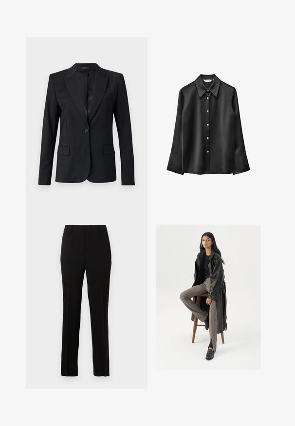 Sort blazer med en afdæmpet krave, enkelt knaplukning, to frontlommer og et slankt, skræddersyet design. Glat tekstur med et minimalistisk udseende.; Sort satinbluse med lange ærmer, spids krave, knapper foran og udvidede manchetter. Har en diskret glans og runde knapper.; Sorte skræddersyede bukser lavet af et glat materiale, med lige snit, pressefolder, bæltesløjfer og lynlås til lukning.; Sort læder trench coat med knapper og bælte detalje, parret med lysebrune tætsiddende bukser og sorte loafers, siddende på en træstol.