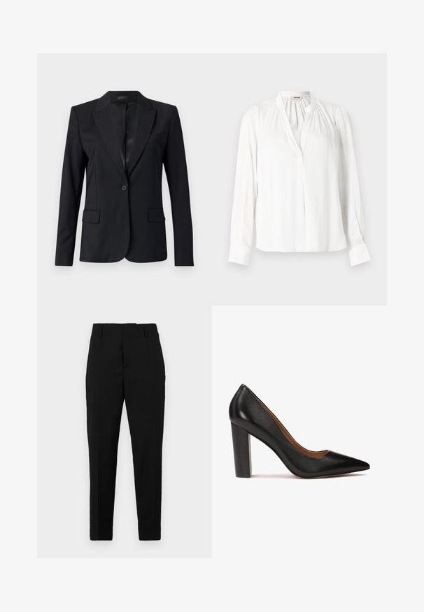 Blazer negro con cuello con muesca, cierre de un botón, dos bolsillos frontales y un diseño elegante y ajustado. Textura suave con un aspecto minimalista.; Blusa blanca de manga larga con cuello alto, pliegues fruncidos cerca del escote y tapeta de botones frontal oculta.; Pantalones negros con un corte ajustado, que presentan bolsillos laterales, una textura suave y un diseño elegante que se estrecha hacia el tobillo.; Zapato de tacón alto de cuero negro con punta afilada, acabado texturizado y tacón grueso. Diseño sencillo con un forro interior suave.