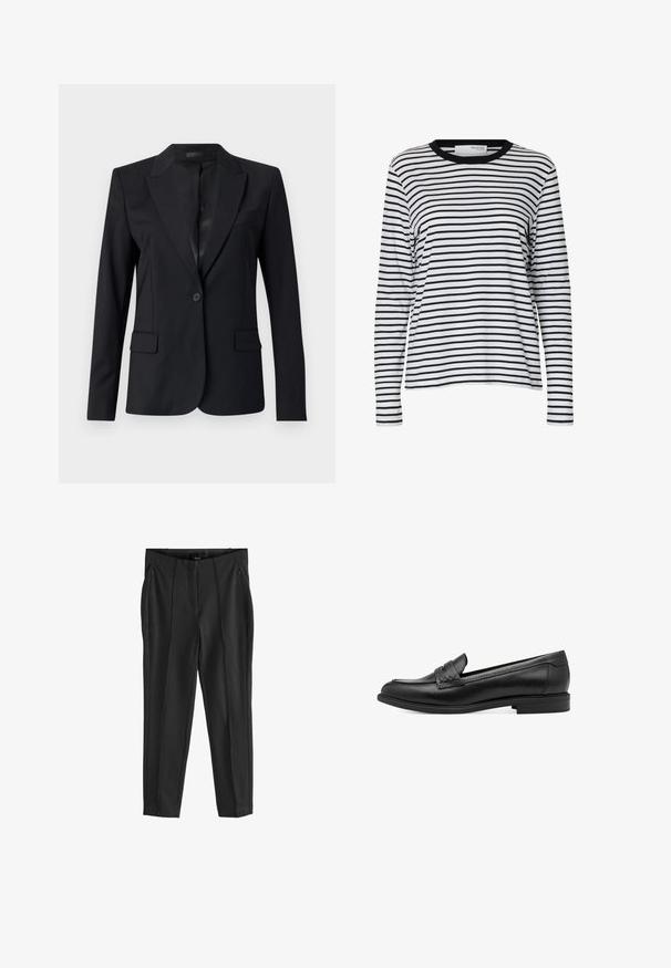 Sort blazer med en afdæmpet krave, enkelt knaplukning, to frontlommer og et slankt, skræddersyet design. Glat tekstur med et minimalistisk udseende.; Hvid langærmet skjorte med sorte vandrette striber og en sort rund hals, vist på en ensartet hvid baggrund.; Sorte bukser med en glat tekstur, udstyret med lommer med lynlås foran og udtryksfulde folder. Minimalistisk design med en skræddersyet pasform.; Sorte læder loafers med en glat overflade, udstyret med en vævet detalje over forgængeren og en lav, rund hæl. Enkel design og form.