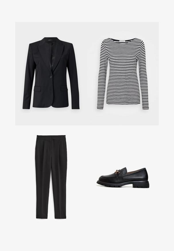 Sort blazer med en afdæmpet krave, enkelt knaplukning, to frontlommer og et slankt, skræddersyet design. Glat tekstur med et minimalistisk udseende.; Langærmet T-shirt med rund hals, prydet med et sort-hvidt stribet mønster. Fremstillet af blødt stof med regular fit. Renset, minimalistisk design.; Sorte bukser med skræddersyet pasform, med flad front, to sidelommer og et rent, sømløst design. Fremstillet af et glat, åndbart stof.; Sort læder loafersko med rund tå, dekorativt guldsmykke og en robust gummisål med et struktureret grebmønster.
