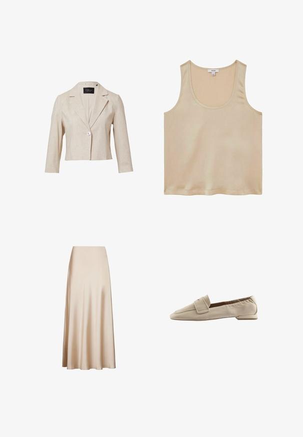 Beige cropped blazer met een gestructureerde afwerking, met notch-lapels en een enkele witte knoopsluiting. Beschikt over driekwartlengte mouwen.; Reiss REGULAR FIT - Blouse - neutral; Beige satijnen midi-rok met een gladde textuur en een uitlopende snit van taille tot zoom, met een A-lijnvorm. Geen zichtbare patronen of accenten.; Beige loafers van glad materiaal, met een vierkante neus, gestikte details en een kleine platte hak. Het ontwerp bevat een omslagklep.