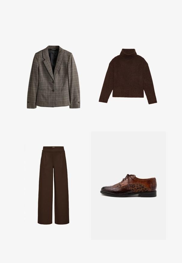 Braun-grauer kariertes Damenblazer mit zwei vorderen Knöpfen, Reverskragen und langen Ärmeln auf weißem Hintergrund.; Brauner gerippter Rollkragensweater mit langen Ärmeln und einer kurzen Silhouette, der ein dickes, strukturiertes Strickdesign aufweist.; Braune weit geschnittene Hose aus glattem Stoff mit hohem Bund und zwei Vorderfalten, entworfen für einen lockeren Sitz.; Brauner Lederschuh mit Krokodilstruktur und Leopardenmuster-Stoffeinsätzen, Schnürverschluss und Quasten-Detail an der Seite.