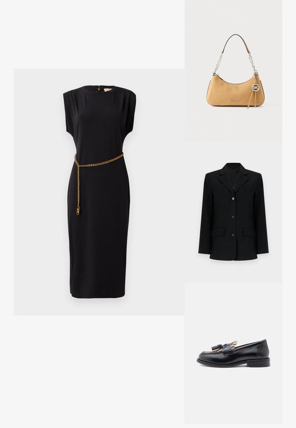 Blazer negro a medida con tres botones delanteros, solapa con muesca, dos bolsillos con solapa y mangas largas sobre un fondo blanco.; Vestido midi negro con mangas cortas, escote redondo, detalles plisados y un cinturón de cadena dorada, confeccionado en un tejido suave.; Mocasines de cuero negro con punta redondeada, que presentan un acento de borlas trenzadas y un forro de estampado animal en contraste. Tacón bajo y recto.; Bolso Michael Kors de cuero color marrón claro con asa de cadena plateada, colgante con el logo y la inscripción "MICHAEL KORS" en el frente.
