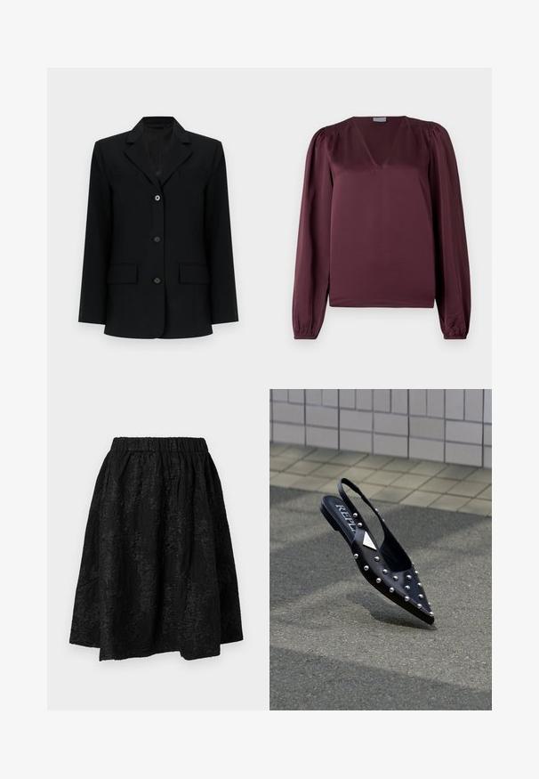 Zwarte op maat gemaakte blazer met drie knopen aan de voorkant, een reverskraag met kraagsnede, twee klepzakken en lange mouwen tegen een witte achtergrond.; Bordeaux blouse met een V-hals, lange pofmouwen en smockdetails op de schouders. Gemaakt van een gladde, lichte stof.; Zwarte rok met een elastische tailleband, voorzien van textuur met bloemenpatronen. De stof lijkt lichtgewicht en licht gekreukt.; Zwarte puntige slingback schoen van glad materiaal, voorzien van zilveren studs, een platte zool en een logo op het voetbed.