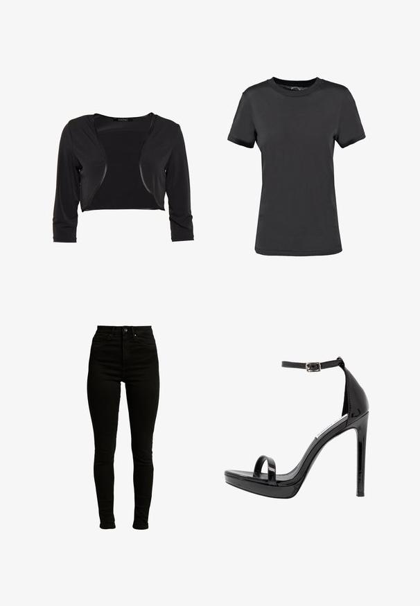 Swing BOLERO - Blazer - schwarz; Sort kortærmet t-shirt lavet af glat stof. Har en rund halsudskæring uden synlige mønstre eller detaljer, hvilket giver et enkelt design.; Sorte højtaljede skinny jeans fremstillet af denim med let stræk, med lynlås, enkelt knaplukning og fem-lomme design.; Steve Madden MILANO - Højhælede sandaletter / Højhælede sandaler - black