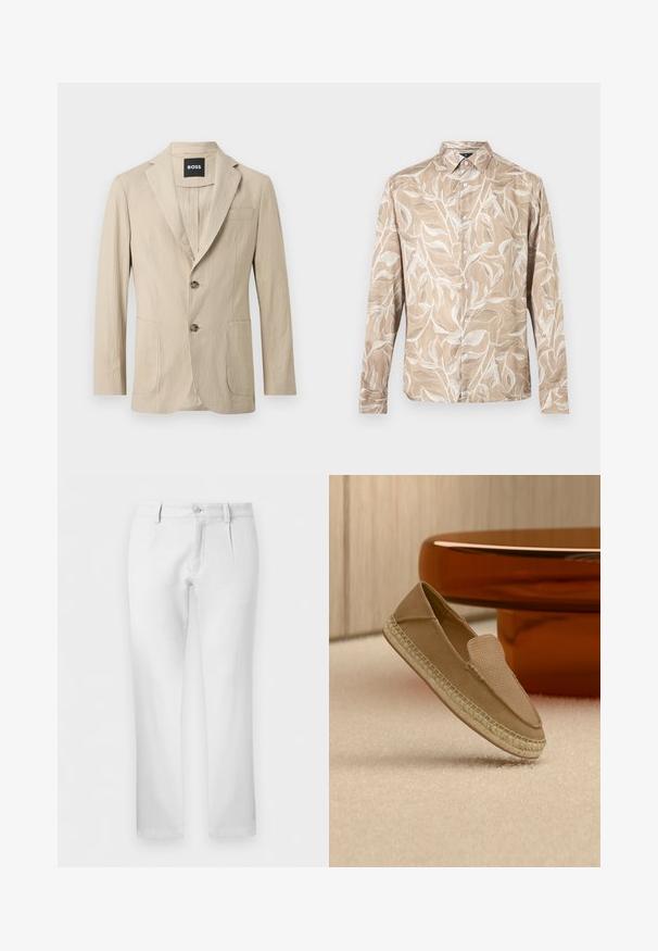 Blazer beige texturé à deux boutons, col à revers cranté, deux poches avant et une poche poitrine, étiquette BOSS à l'intérieur du col.; Chemise beige à manches longues avec boutons sur le devant, motif de vigne feuillue blanche et col pointu.; Pantalon blanc droit avec passants pour ceinture, fermeture par bouton et plis avant sur fond uni.; Chaussure beige sans lacets avec tige texturée et semelle tissée, positionnée debout sur un sol recouvert de moquette claire à côté d'une table circulaire marron brillante.