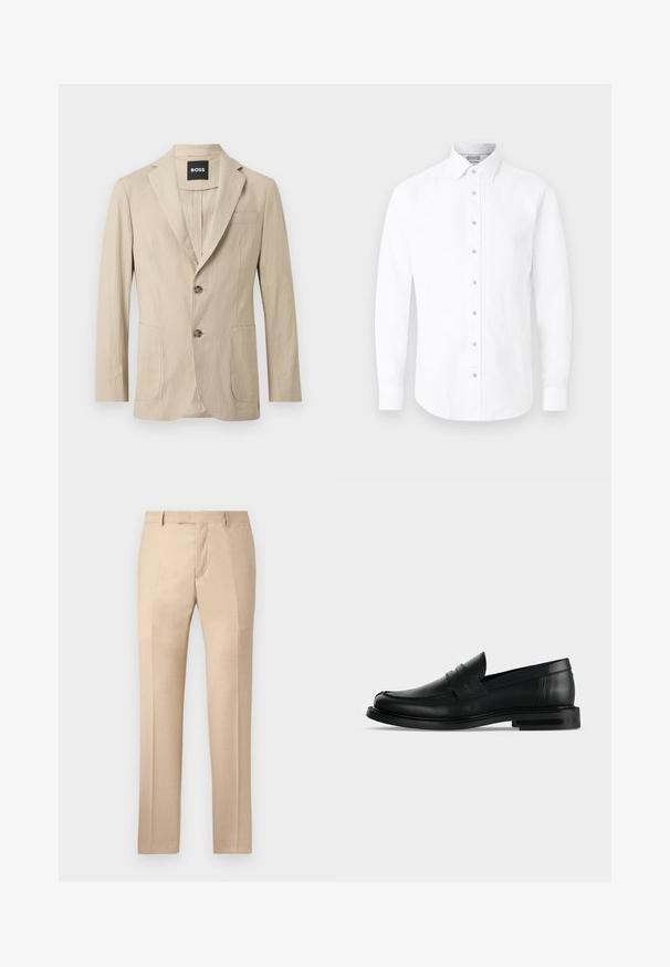 Blazer beige texturizado con dos botones, solapas con muesca, dos bolsillos delanteros y un bolsillo en el pecho, con etiqueta BOSS en el interior del cuello.; Camisa blanca de manga larga con cuello puntiagudo y cierre de botones en la parte frontal, mostrada sobre un fondo claro y liso.; Pantalones beige ajustados con una textura suave, frente plano y piernas rectas. Presentan trabillas para el cinturón y una cremallera oculta.; Mocasín penny negro de cuero para hombre con tacón bajo y apilado y puntera redondeada, mostrado de lado sobre un fondo gris claro.