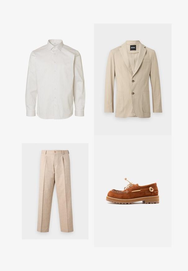 Blazer beige texturé à deux boutons, col à revers cranté, deux poches avant et une poche poitrine, étiquette BOSS à l'intérieur du col.; Chemise blanche à manches longues avec des rayures verticales beiges, patte de boutonnage devant, col pointu et poignets à boutons.; Pantalon beige à jambes droites avec plis, fermeture par bouton, passants pour ceinture et coupe ajustée.; Chaussure en daim marron à lacets avec semelle épaisse en caoutchouc et détails cousus, vue de côté sur un fond blanc uni.