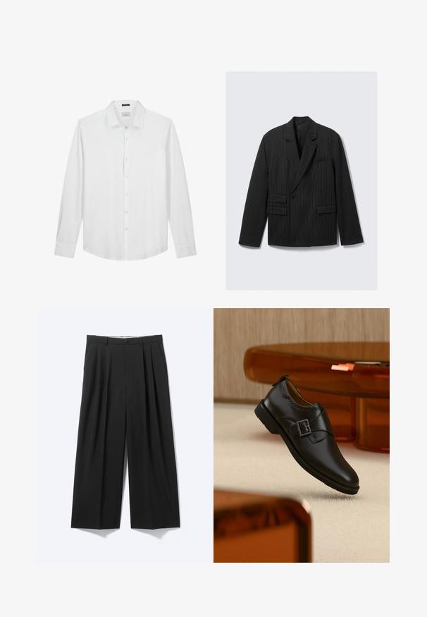 Sort blazer med striber, notched lapels, enkelt knaplukning og to nedre flap-lommer. Har lange ærmer og en struktureret pasform.; Hvid langærmet skjorte, knapned krave, blød tekstur, glat stof, diskret logo på brystet og klassisk pasform med buet kant.; Sorte bukser med vide ben, forplisser, bæltestropper og knaplukning vist på en ensartet lys baggrund.; Sort læder monk strap sko med sølvspænde, svævende over beige tæppe med brun gennemsigtig møbler i baggrunden.