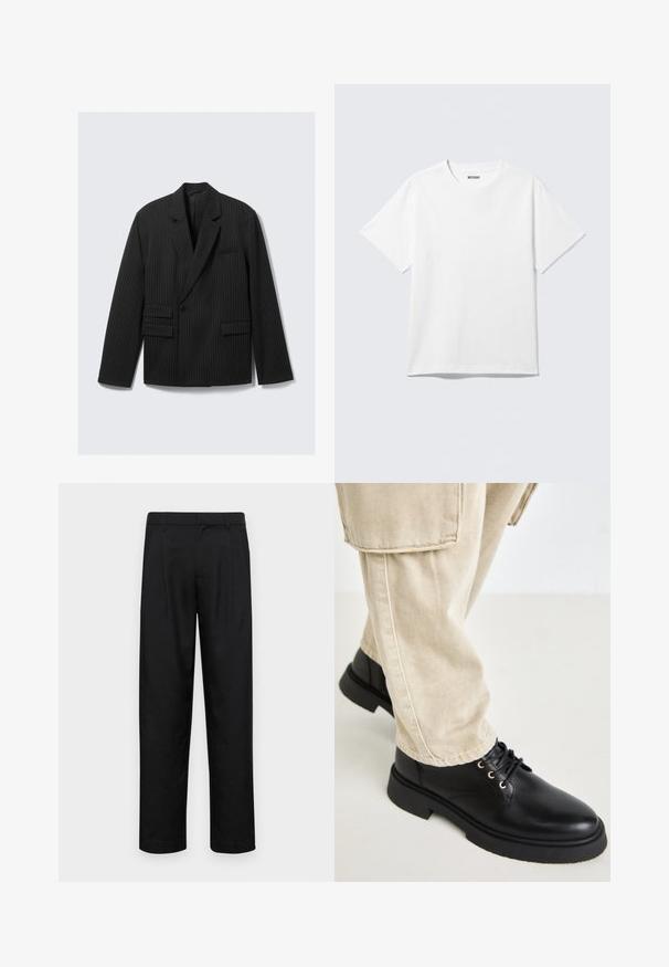 Blazer noir à rayures avec revers crantés, fermeture à un bouton et deux poches à rabat inférieures. Présente des manches longues et une coupe structurée.; T-shirt blanc à manches courtes et col rond, étalé à plat, design uni, avec l'étiquette "WEEKDAY" à l'intérieur du col sur un fond clair.; Pantalons noirs en tissu lisse, avec une coupe droite, deux plis avant et une taille standard avec passants de ceinture.; Steve Madden ZEKE - Bottines à lacets - black