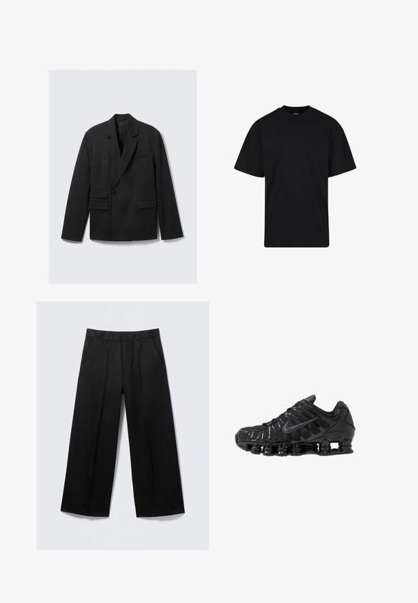 Blazer negro de rayas con solapas muescas, cierre de un solo botón y dos bolsillos inferiores con solapa. Presenta mangas largas y un ajuste estructurado.; Camiseta negra de manga corta con cuello redondo, corte holgado, diseño liso y sin logotipos ni patrones visibles.; Pantalones negros de pierna ancha con trabillas para cinturón, bolsillos delanteros y cierre de cremallera, exhibidos sobre un fondo gris claro.; Zapatillas deportivas negras fabricadas con malla y materiales sintéticos, con un diseño ondulado distintivo, suela de goma negra y detalles reflectantes.