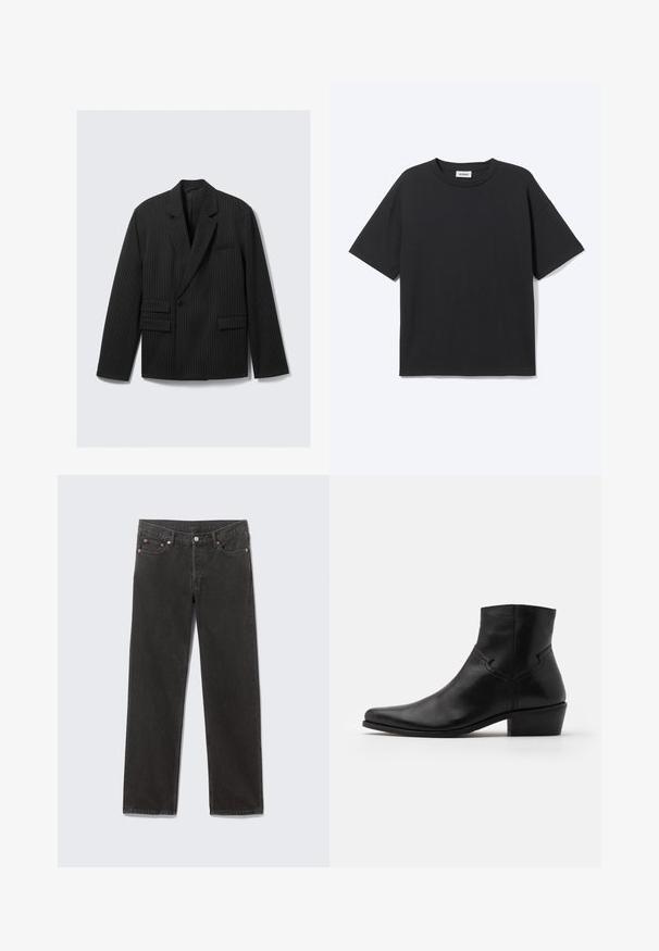 Schwarzer Nadelstreifen-Blazer mit Revers, einer Knopfverschluss und zwei unteren Klappentaschen. Verfügt über lange Ärmel und eine strukturierte Passform.; Schwarzes T-Shirt mit kurzen Ärmeln und Rundhalsausschnitt in lockerer Passform, Vorderansicht, schlichtes Design und sichtbares Weekday-Label im Krageninneren.; Schwarze Denim-Jeans mit geradem Bein, vorderen Taschen, Gürtelschlaufen und Knopfverschluss, flach auf einem grauen Hintergrund liegend.; Schwarze Leder-Ankle-Boots mit spitzer Zehenpartie, minimalen Nähdetails, einem mittelhohen Blockabsatz und einer glatten, polierten Oberfläche.