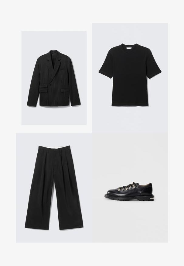Zwarte pinstripe blazer met gelapte revers, enkele knoopsluiting en twee lagere klepzakken. Heeft lange mouwen en een gestructureerde pasvorm.; Zwart T-shirt met korte mouwen en ronde hals, met een label "WEEKDAY" aan de binnenkant van de kraag, plat neergelegd op een lichte achtergrond.; Zwarte brede broek met plooien, riemlussen en een knoopsluiting, tentoongesteld tegen een lichtgrijze achtergrond.; Zwarte leren lage schoen met dikke zool, metalen oogjes, decoratieve zilveren charmes aan de veters en een gestructureerde loopzool.