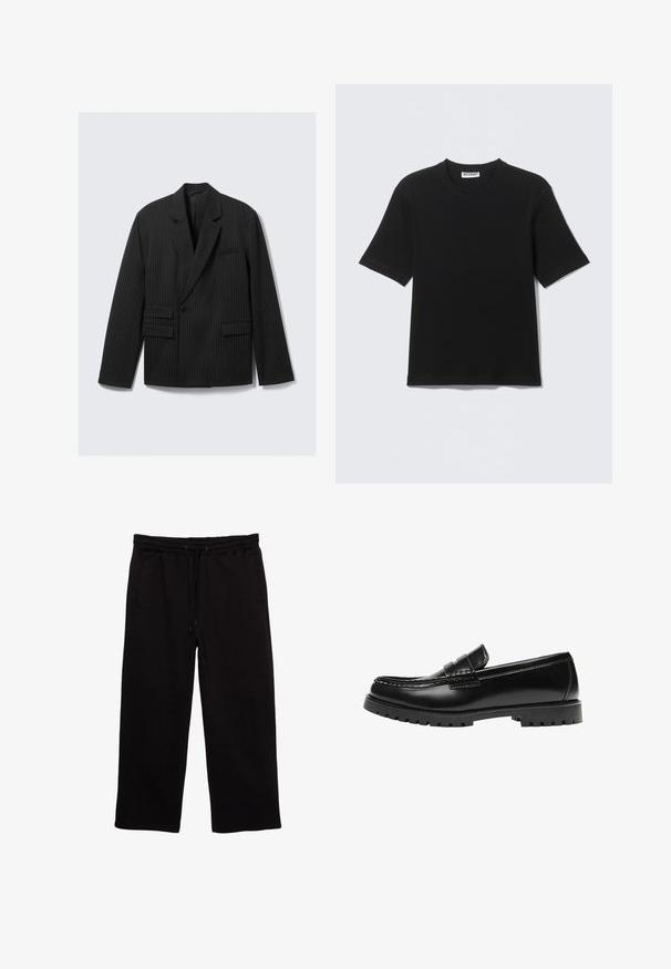 Sort blazer med striber, notched lapels, enkelt knaplukning og to nedre flap-lommer. Har lange ærmer og en struktureret pasform.; Sort kortærmet T-shirt med rund hals og "WEEKDAY" mærke på indersiden af kraven, vist fladt på en lys baggrund.; Sorte sweatpants lavet af blødt stof, med elastisk talje med snøre, to sidelommer og en afslappet pasform.; Sort læderloafer med en kraftig gummisål og klassiske penny-strap detaljer, vist fra ydersiden.