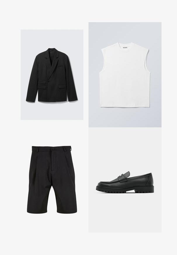 Sort blazer med striber, notched lapels, enkelt knaplukning og to nedre flap-lommer. Har lange ærmer og en struktureret pasform.; Hvid ærmeløs bomulds top med rund hals og markerede skulderpartier, mærket "WEEKDAY" på halsmærket, vist på lys grå baggrund.; Sorte shorts lavet af et glat stof med skræddersyet design, der har en frontknaplukning, læg og sidelommer.; Sorte læder loafers med rund tå, der har et syet design, lav platformssål og en struktureret, skridsikker gummisål.